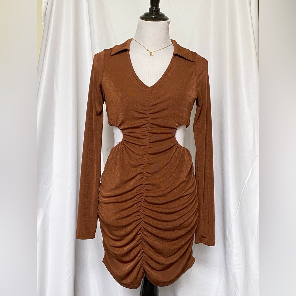 Brown Ruched Cut Out Bodycon Dress